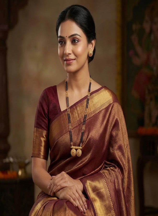 طقم مانجالسوترا تقليدي من ولاية ماهاراشترا مطلي بالذهب ومصقول بدقة متناهية، يتكون من خرز أسود وقلادة فاتي، بطول 32 بوصة، للنساء - Image 2