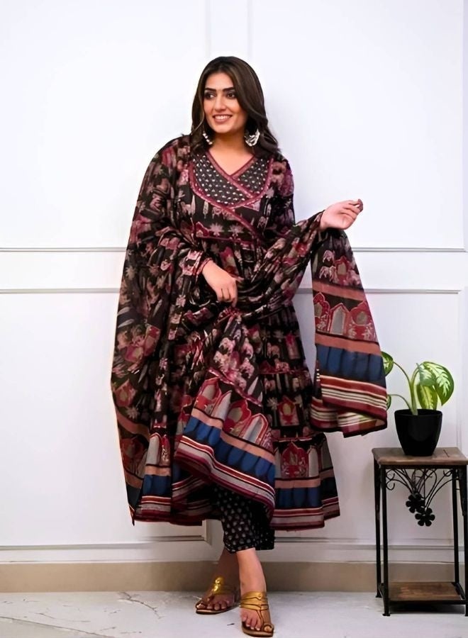 Ishq Behisaab Women’s Ajrakh Kurta Set | V-Neck Cotton Anarkali Kurti, Pants & Dupatta | 3-Piece Indian Ethnic Wear - Image 5