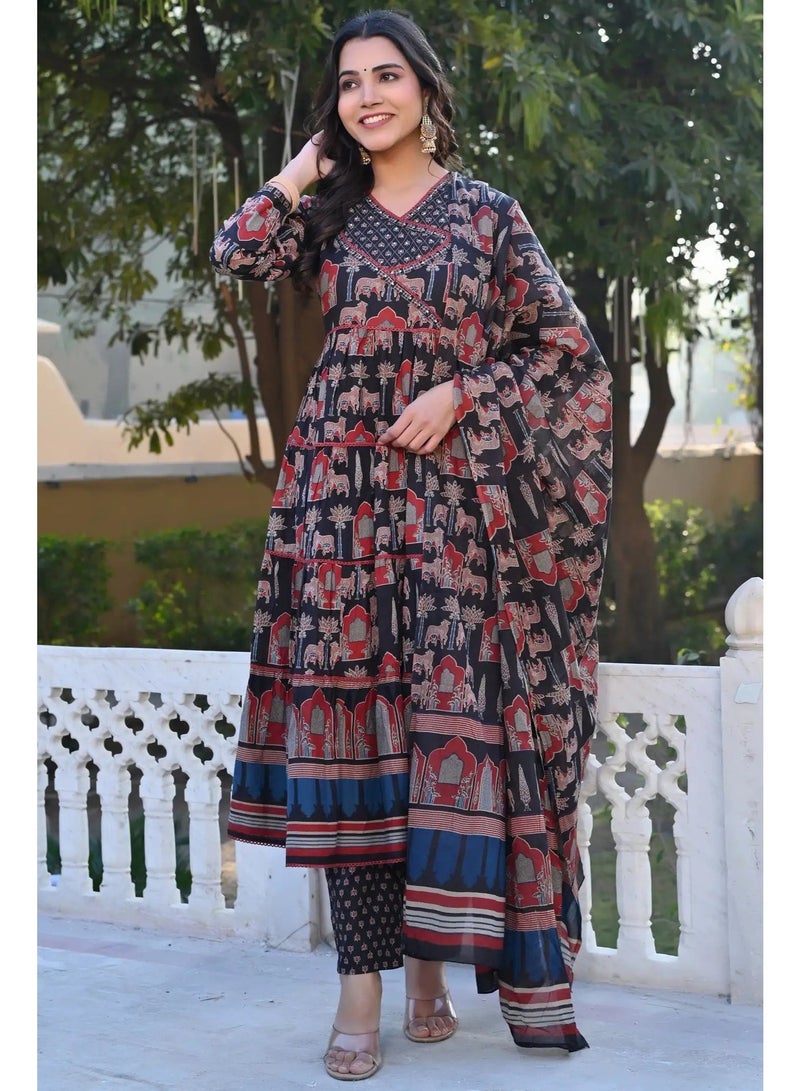 Ishq Behisaab Women’s Ajrakh Kurta Set | V-Neck Cotton Anarkali Kurti, Pants & Dupatta | 3-Piece Indian Ethnic Wear - Image 1
