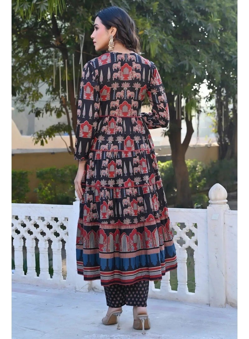 Ishq Behisaab Women’s Ajrakh Kurta Set | V-Neck Cotton Anarkali Kurti, Pants & Dupatta | 3-Piece Indian Ethnic Wear - Image 3