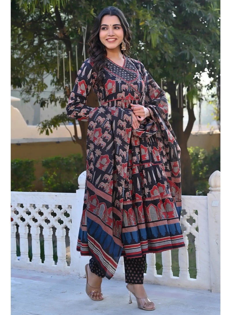 Ishq Behisaab Women’s Ajrakh Kurta Set | V-Neck Cotton Anarkali Kurti, Pants & Dupatta | 3-Piece Indian Ethnic Wear - Image 4