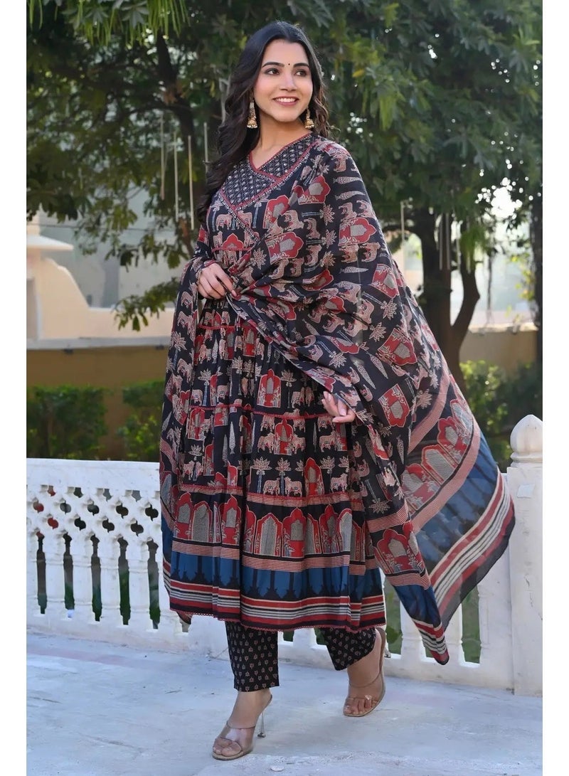 Ishq Behisaab Women’s Ajrakh Kurta Set | V-Neck Cotton Anarkali Kurti, Pants & Dupatta | 3-Piece Indian Ethnic Wear - Image 2