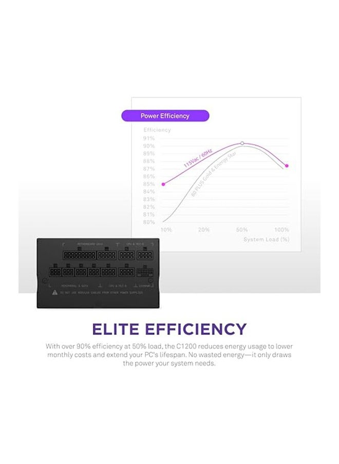 NZXT مزود طاقة C1200 وات لأجهزة الكمبيوتر المخصصة للألعاب - ATX 3.0 - موصل PCIe 5.0 12VHPWR - كفاءة 80 Plus Gold - معياري بالكامل - وضع المروحة صفر - كابلات ذات أكمام سوداء  - Image 5