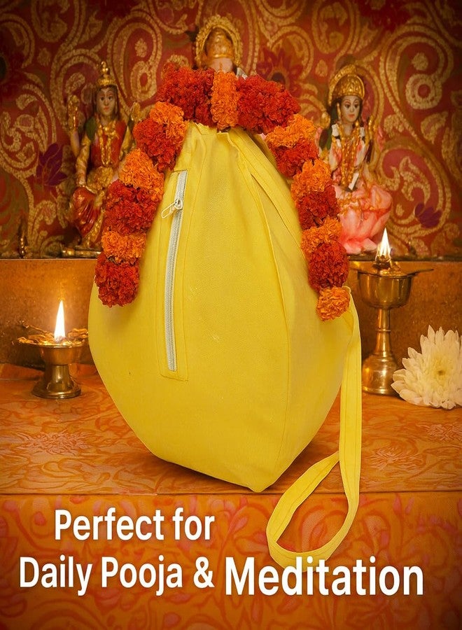 Vrindavanstore.in Yellow Cotton Jaap Bag with Zip Pocket & Neck Strap | Durable Mala Bag | jaap bag | Beads Bag for Daily Pooja, Chanting & Travel Use - Image 2