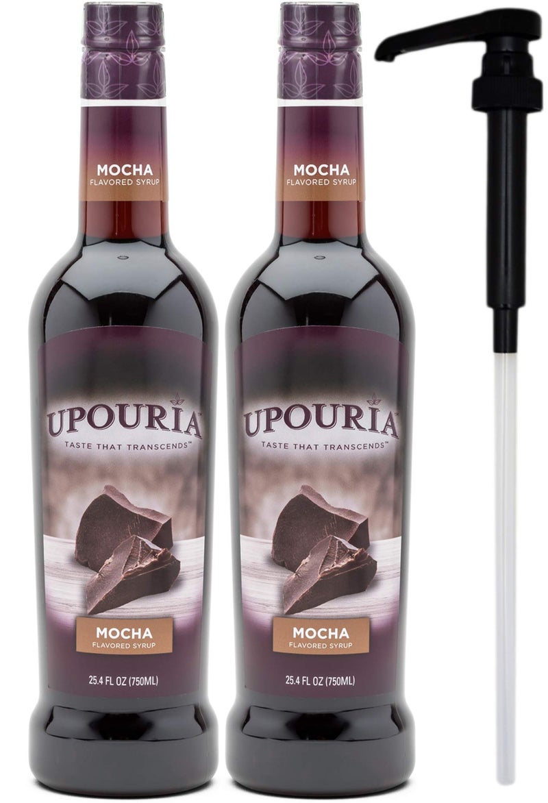 Upouria Mocha Coffee Syrup Flavoring, 100% Vegan, Gluten-Free, Kosher, 750 mL Bottle (Pack of 2) with Coffee Syrup Pump - Image 1