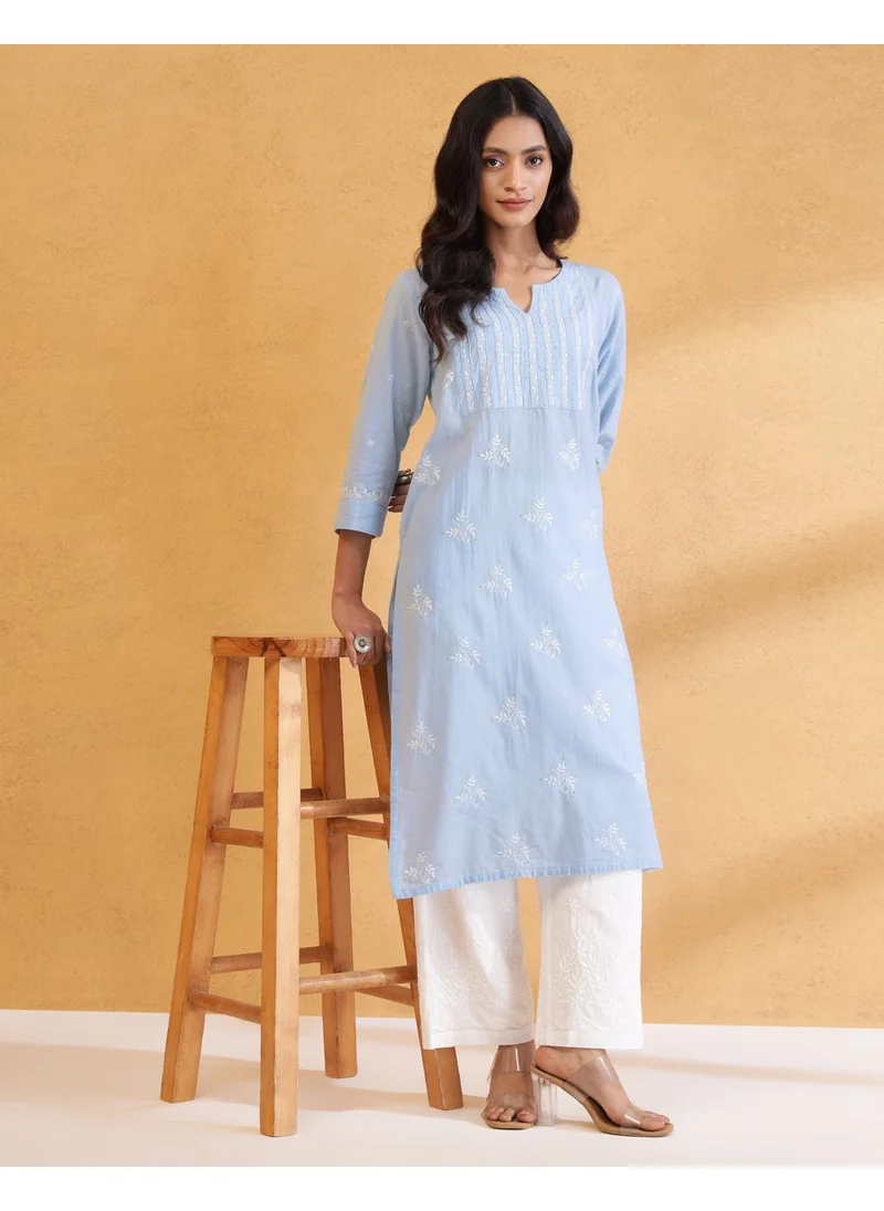 Fabindia Blue Cotton Chikankari Long Kurta