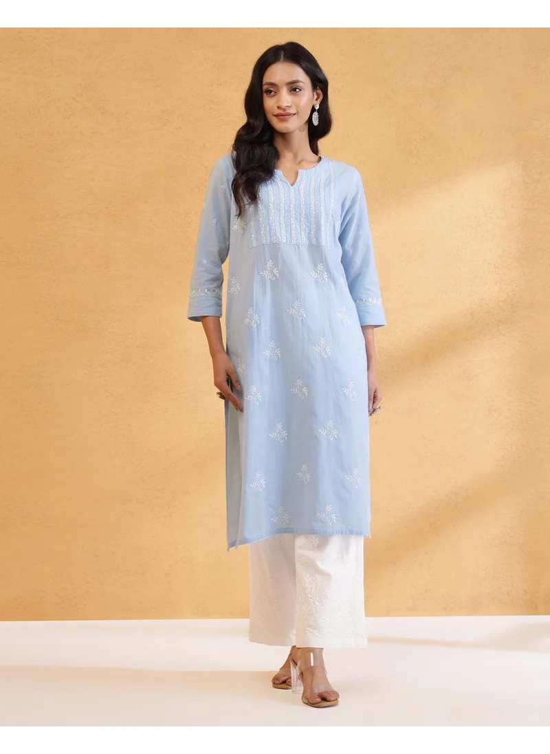 فاب انديا Blue Cotton Chikankari Long Kurta