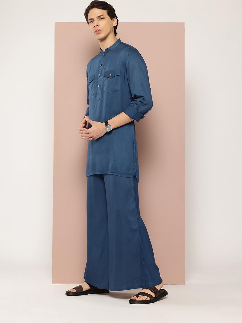 See Designs Men's Long Sleeve Curved Hem Mandarin Collar Teal Rayon Solid Pathani Sets - SDKT652S - Image 2