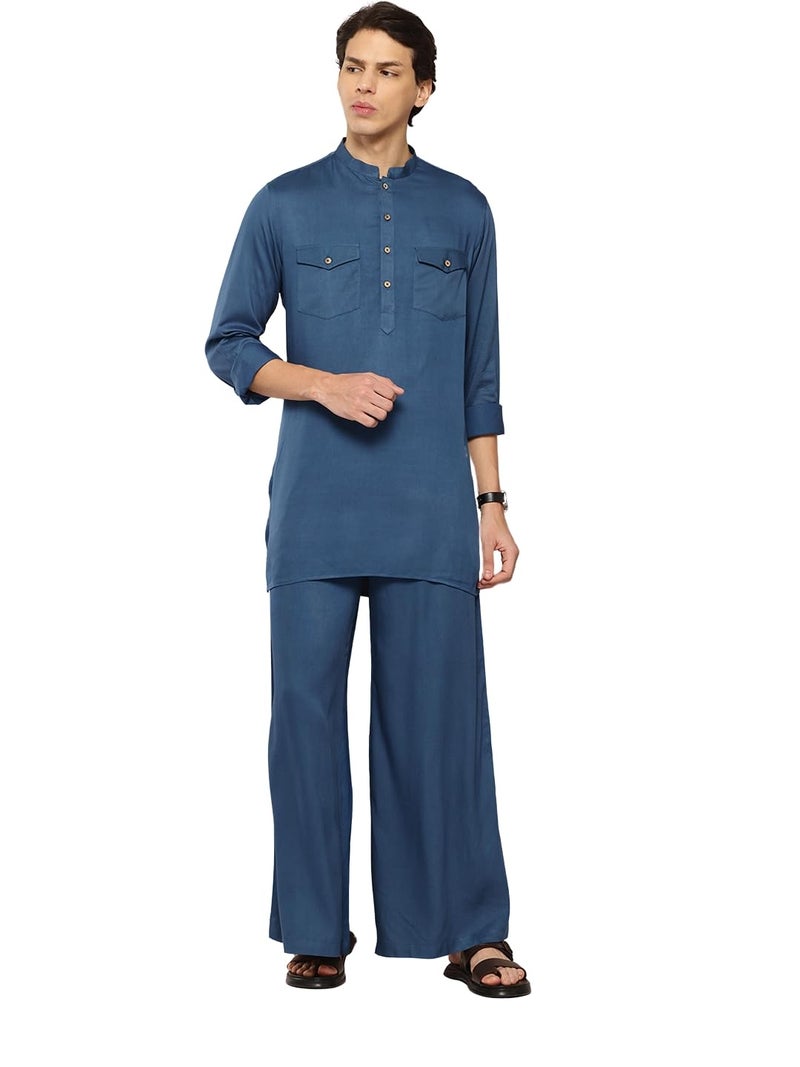 See Designs Men's Long Sleeve Curved Hem Mandarin Collar Teal Rayon Solid Pathani Sets - SDKT652S - Image 1