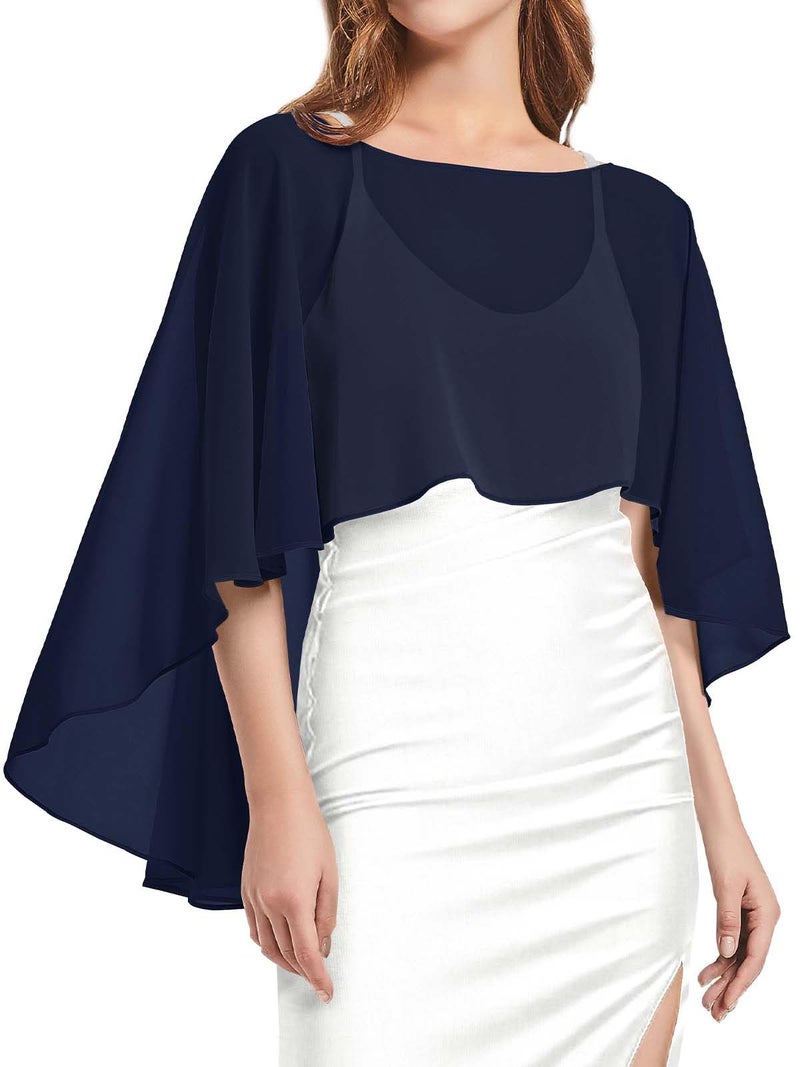 CHICGAL Womens Capelets Shawls and Wraps for Evening Dress Chiffon Capes Wedding Cover Up, Navy Blue - Image 1