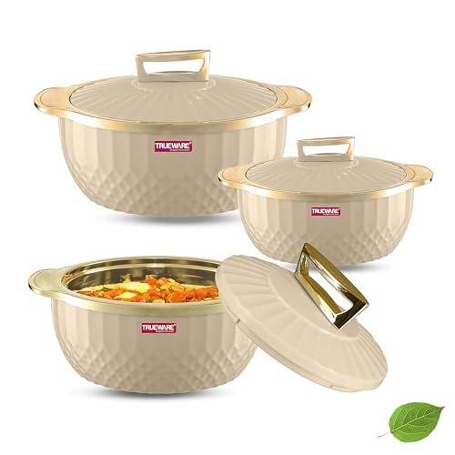 Trueware Krystal Inner Steel Casserole Set of 3, 750 ml,1000 ml & 1500 ml | PU Insulated | BPA Free | Odour Proof |Ideal for Chapatti | Roti | Curd Maker | Thermoware | Hot Pot (Setof 3-3250ML, White) - Image 1