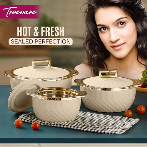 Trueware Krystal Inner Steel Casserole Set of 3, 750 ml,1000 ml & 1500 ml | PU Insulated | BPA Free | Odour Proof |Ideal for Chapatti | Roti | Curd Maker | Thermoware | Hot Pot (Setof 3-3250ML, White) - Image 4