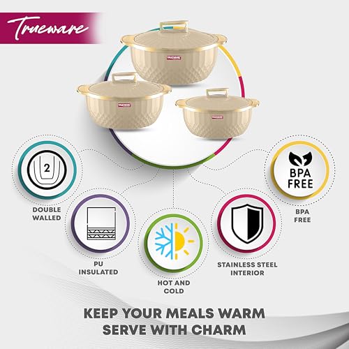 Trueware Krystal Inner Steel Casserole Set of 3, 750 ml,1000 ml & 1500 ml | PU Insulated | BPA Free | Odour Proof |Ideal for Chapatti | Roti | Curd Maker | Thermoware | Hot Pot (Setof 3-3250ML, White) - Image 3