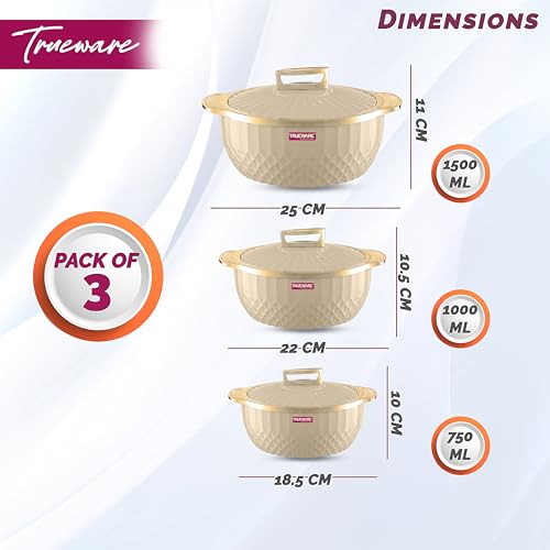 Trueware Krystal Inner Steel Casserole Set of 3, 750 ml,1000 ml & 1500 ml | PU Insulated | BPA Free | Odour Proof |Ideal for Chapatti | Roti | Curd Maker | Thermoware | Hot Pot (Setof 3-3250ML, White) - Image 2