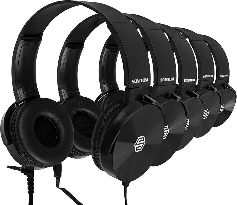 Sonitum Classroom Headphones Bulk 5 Pack, Student On Ear Color Varieties, Comfy Swivel Earphones for Library, School, Airplane, Kids, for Online Learning and Travel, Noise Stereo Sound 3.5mm Jack (Black) - Image 1