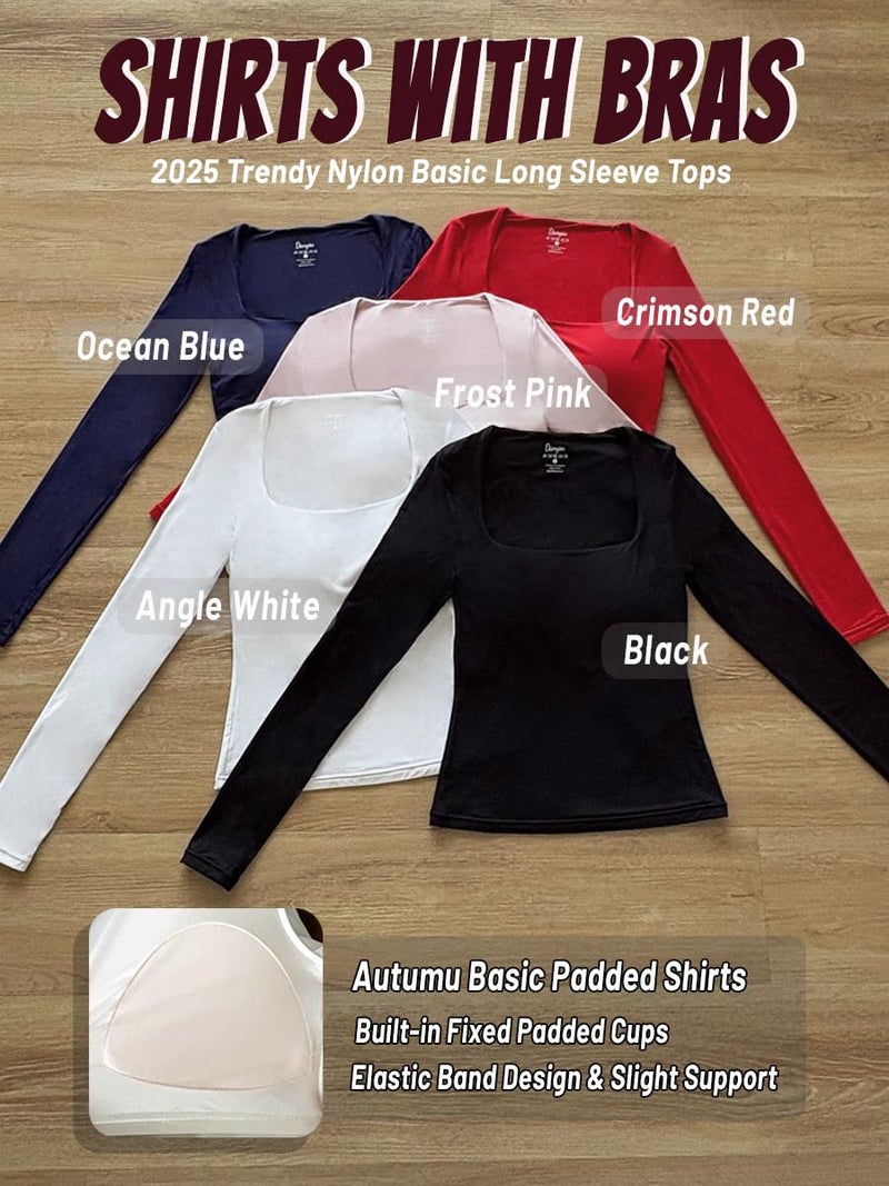 Danysu Womens Built in Bra Long Sleeve Tops Sexy Low Cut Going Out Tees Fashion Doubled Lined Auturm Layering Shirts Angle White S - Image 4