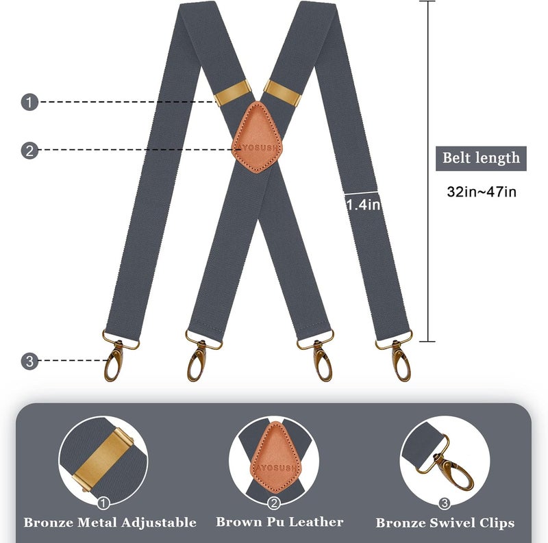 AYOSUSH Vintage Suspenders for Men Heavy Duty 4 Snap Hooks for Belt Loops Adjustable X Back - Image 2