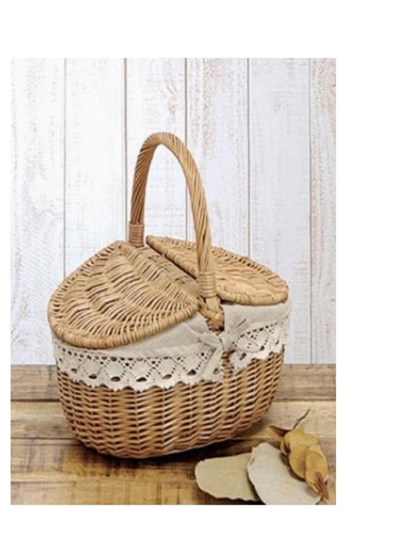 Hand Woven Fruits Rattan Basket with Holder Brown/White 38x28x38cm - Image 1
