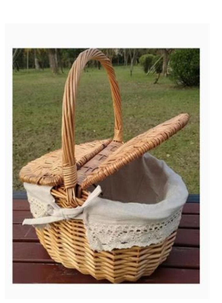 Hand Woven Fruits Rattan Basket with Holder Brown/White 38x28x38cm - Image 2