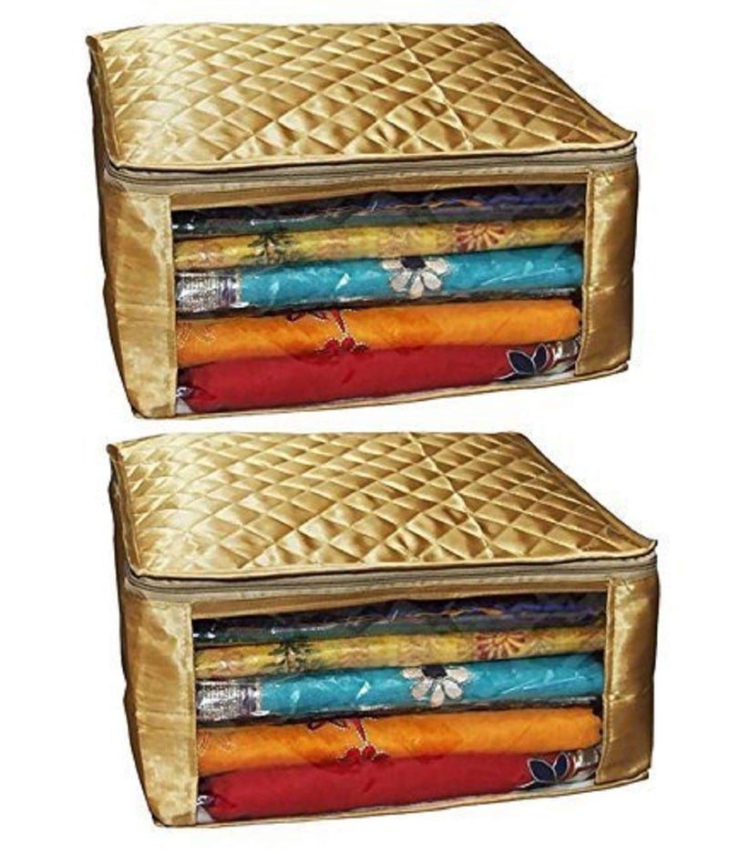 Kuber Industries Kuber Industries Clothes Organizer For Wardrobe Pack of 2 Storage Organizer For Saree Shirts Salwar and Lehenga Chunni Dress Organizer For Wardrobe Saree Covers With Zip Gold - Image 1