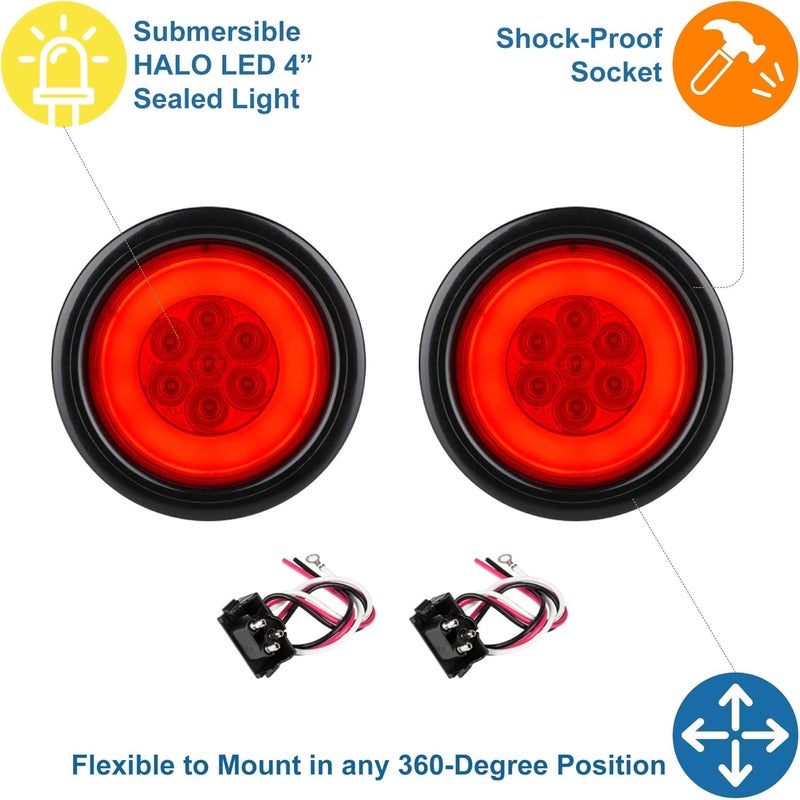 Lumitronics HALO LED 4" Sealed Round Stop/Turn/Tail Lights - Red Lens - Pair Set - Image 4