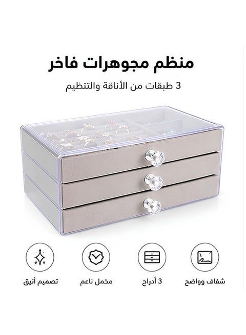 Grey - 3 Layer Acrylic Jewelry Organizer Box with Velvet Drawers, Clear Storage Case for Rings, Earrings & Necklaces