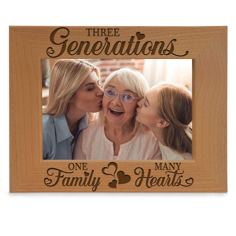 KATE POSH  3 Generations of Love Three Generations One Family Many Hearts Engraved Natural Wood Picture Frame  Mothers Day Fathers Day Grandma  Grandpa Gifts 4 x 6 Horizontal