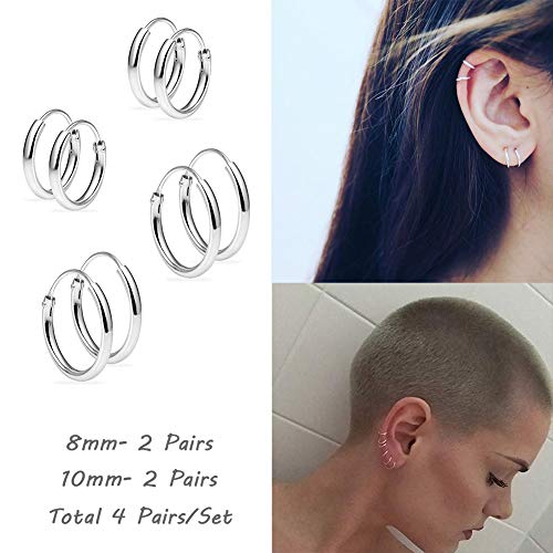 EPIRORA EPIRPRA Silver Hoop Earrings- Cartilage Earring Small Hoop Earrings for Women Men,4 Pairs of Hypoallergenic 925 Sterling Silver Tragus Earrings(Silver,8mmx2+10mmx2) - Image 2
