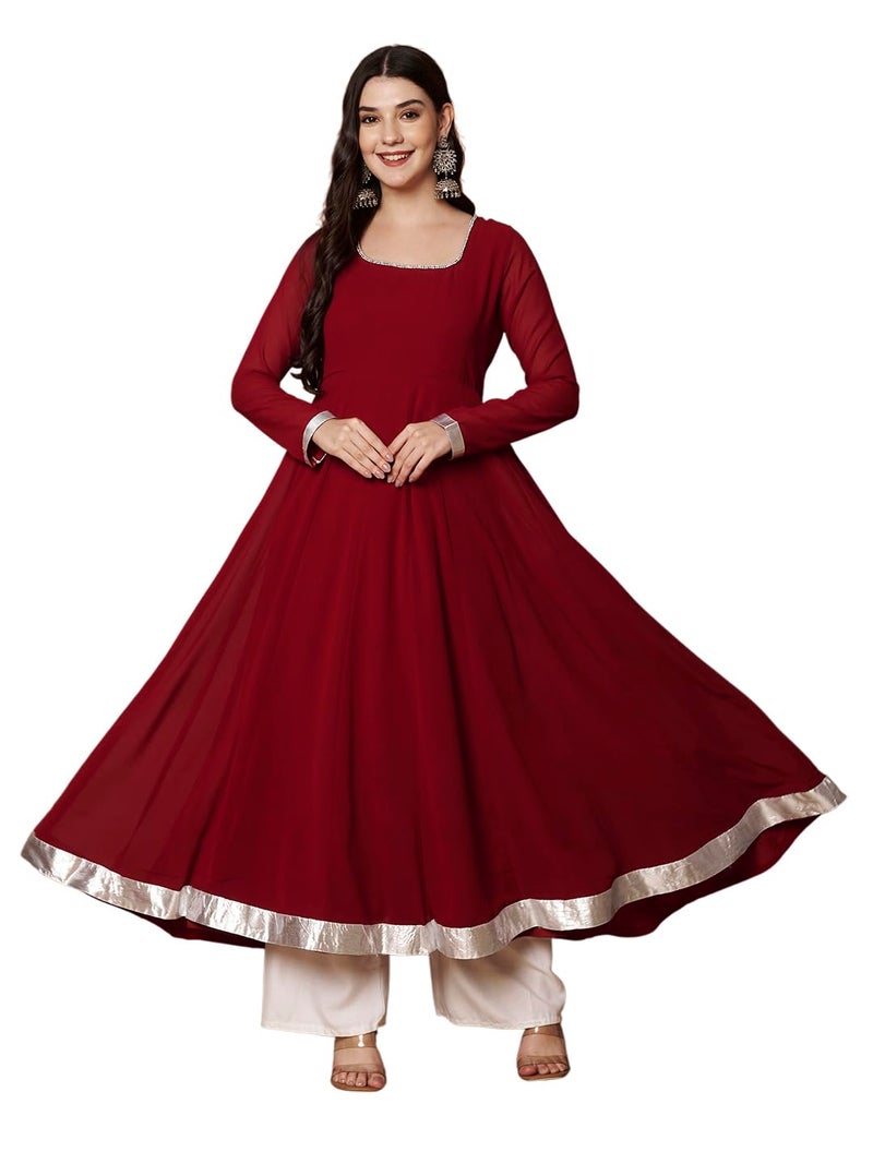 KZA Women's Georgette Hand Embroidered Flared Anarkali Kurta Suit with Full Sleeves for Ethnic Wear Maroon - Image 1