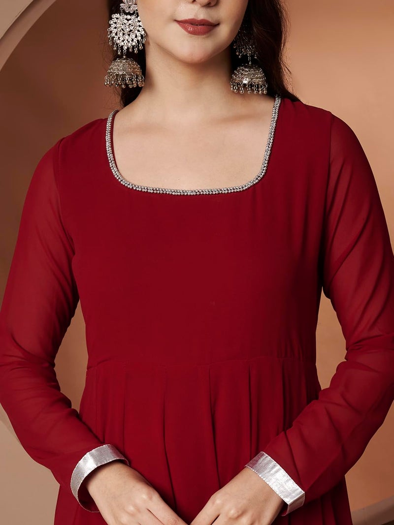 KZA Women's Georgette Hand Embroidered Flared Anarkali Kurta Suit with Full Sleeves for Ethnic Wear Maroon - Image 5