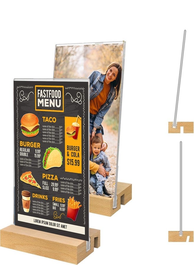 Desi Rang Acrylic Photo Holder with Wooden Base (A5, 5x7 inch, Straight/Slant placing, 2 side, Set of 2 ) Clear Display Table Picture Frame Sign Flyer Menu Stand Office Wedding Restaurant Hotel Home - Image 1