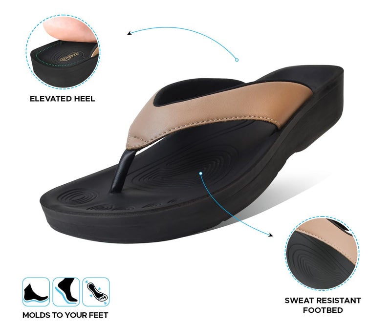 AEROTHOTIC Comfy Flip Flops for Women with Arch Support Orthotic Footbed Stylish Faux Leather Padded Straps with Soft Toe Post & Non-Slip Sole Slip On Casual Indoor and Outdoor Ladies Sandals (Flumen Beige, Size 10) - Image 4