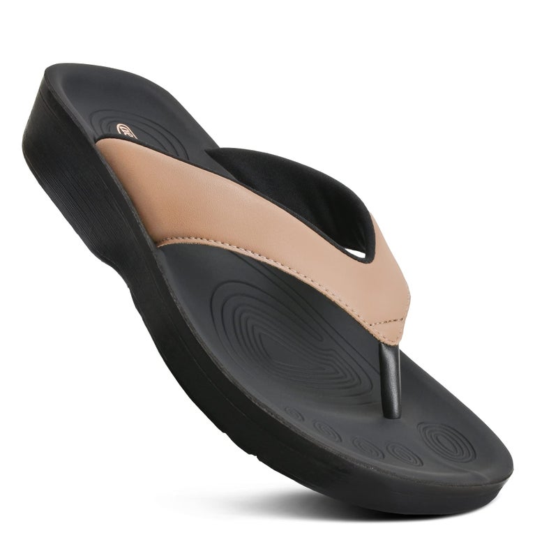 AEROTHOTIC Comfy Flip Flops for Women with Arch Support Orthotic Footbed Stylish Faux Leather Padded Straps with Soft Toe Post & Non-Slip Sole Slip On Casual Indoor and Outdoor Ladies Sandals (Flumen Beige, Size 10) - Image 1