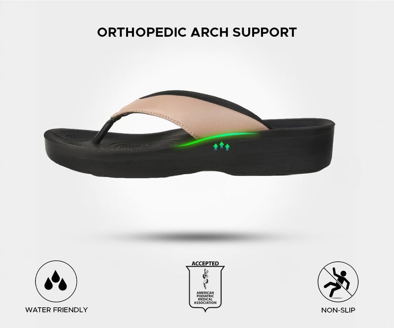 AEROTHOTIC Comfy Flip Flops for Women with Arch Support Orthotic Footbed Stylish Faux Leather Padded Straps with Soft Toe Post & Non-Slip Sole Slip On Casual Indoor and Outdoor Ladies Sandals (Flumen Beige, Size 10) - Image 5