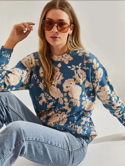 Bianco Lucci LUCCI Pattern Knit Sweater with Crew Neck