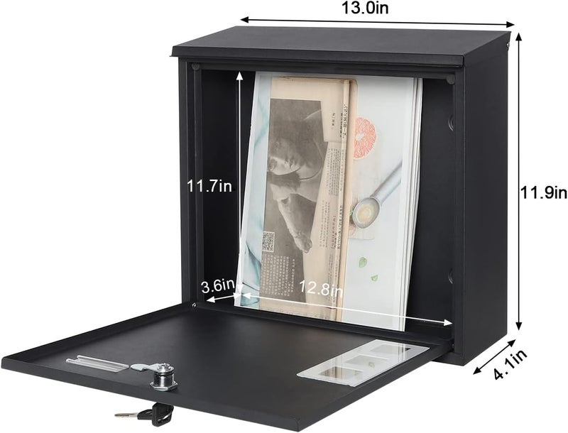 Decaller Metal Wall Mounted Mailboxes with Key Lock, Large Mail Box with View Window, Black - Image 2