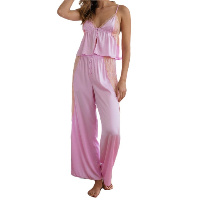 Giraropa Womens Lace Trim Satin Set 2 Piece Ruffle Cami Tops and Wide Leg Pants Lounge Outfits Pjs Sleepwear (Pink, S) - Image 1