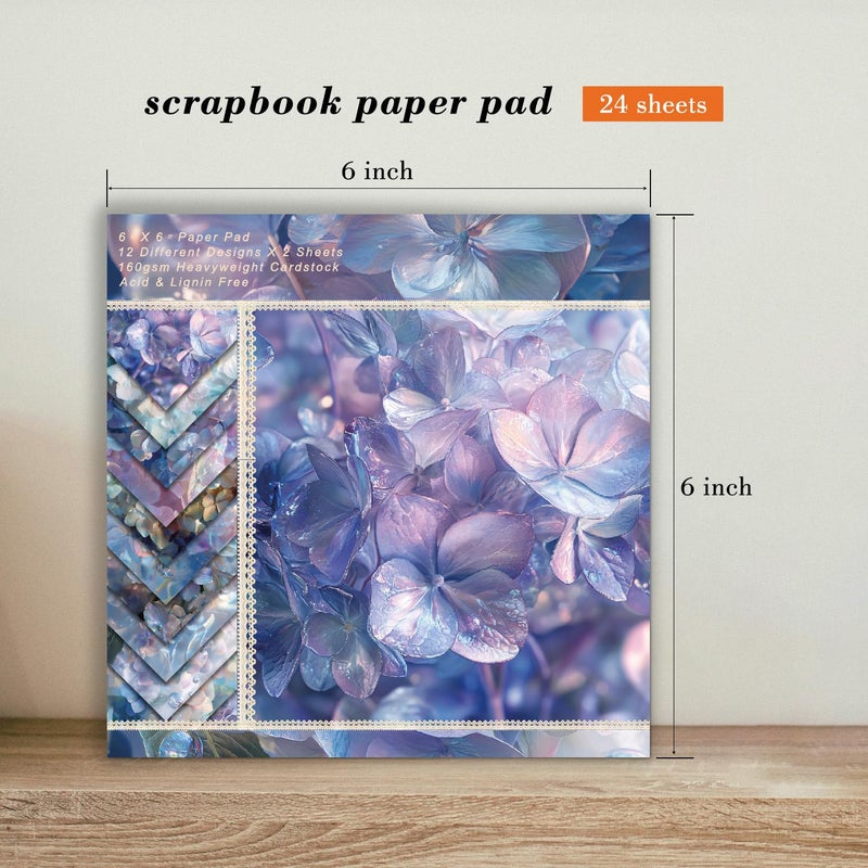 EAMOTOL Purple Flowers Scrapbooking Paper Pad - 24 Sheets 6'' x 6'' Aesthetic Patterned Decorative Collage Decoupage for Wrapping Folded Cardstock Supplies Gift Cardstock DIY Crafts Scrapbook Photo Album - Image 2