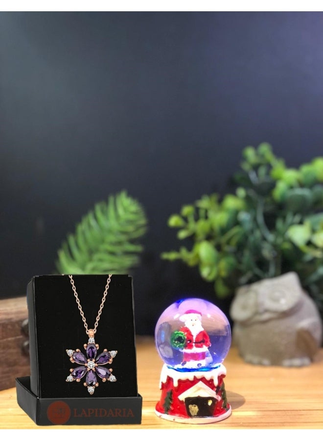 Santa Claus Christmas Themed Lighted Snow Globe Miniature and Camellia Lotus Flower Necklace - Image 1