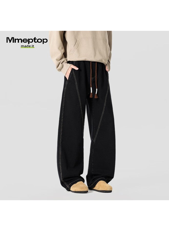 Mmoptop American Vintage Curved Blade Men's Jeans Spring Summer Wide Leg Denim Mnzk38 Black 3XL - Image 2