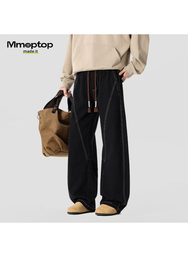 Mmoptop American Vintage Curved Blade Men's Jeans Spring Summer Wide Leg Denim Mnzk38 Black 3XL - Image 1