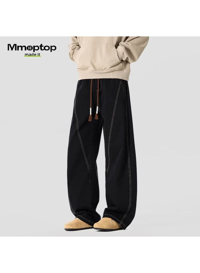 Mmoptop American Vintage Curved Blade Men's Jeans Spring Summer Wide Leg Denim Mnzk38 Black 3XL - Image 5
