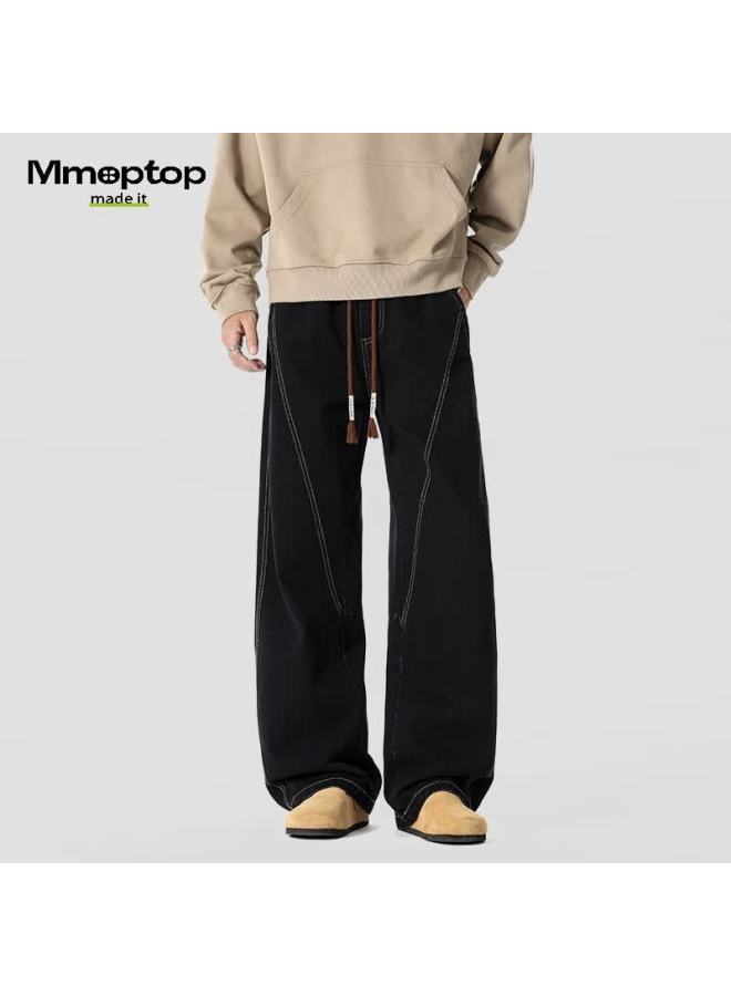 Mmoptop American Vintage Curved Blade Men's Jeans Spring Summer Wide Leg Denim Mnzk38 Black 3XL - Image 3