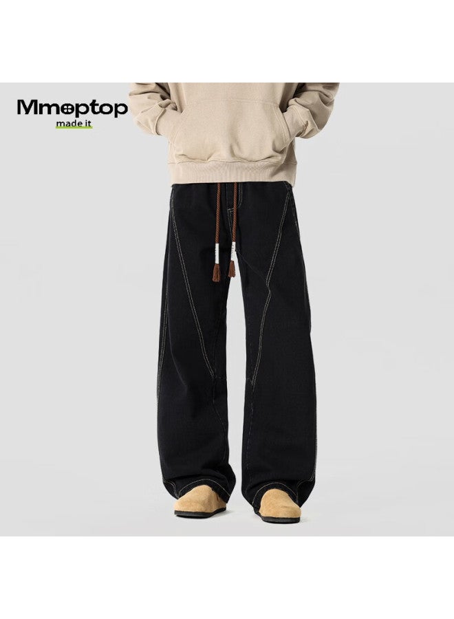Mmoptop American Vintage Curved Blade Men's Jeans Spring Summer Wide Leg Denim Mnzk38 Black 3XL - Image 4