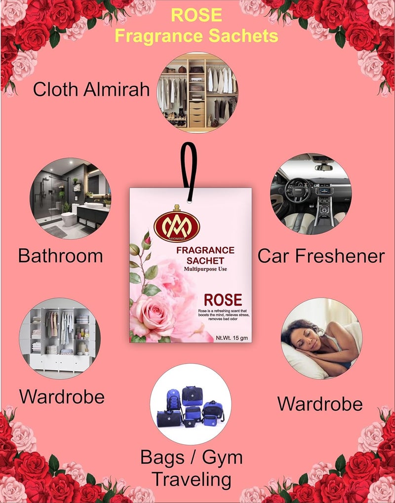 AROMIND Aromind Fragrance Sachet Rose Versatile Air Freshener for Car Wardrobe Drawer Kitchen Bathroom Clothes and Travel Bag Long Lasting Fragrance Pack of 6 20 gm Each Fragrance Pouch Pure Natural  - Image 2