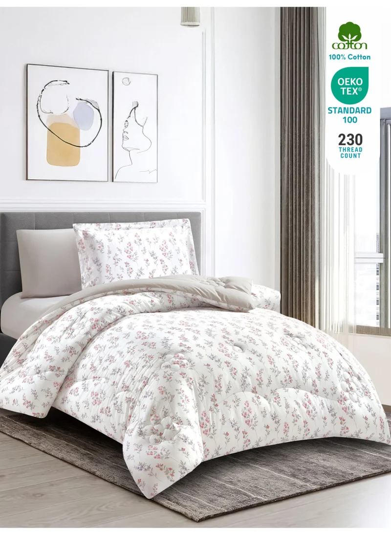 Donetella Cotton 4-Piece Single Comforter Bedding Set Fits 140x200 cm – 350 GSM Filling with Fitted Sheet, Pillow Shams & Pillowcases, Stylish Printed Elegance