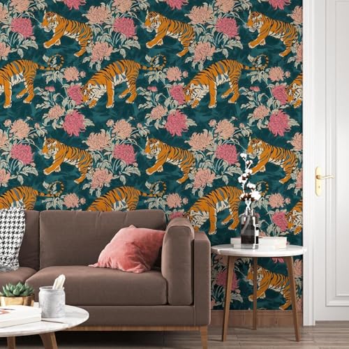 Laatse Tiger Wallpaper Peel and Stick Animals Floral Contact Paper 175 x 3937 BlueOrangePink Vintage Flower Wall Paper Self Adhesive Removable Waterproof for Bathroom Walls Shelves Cabinet Table - Image 3