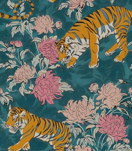 Laatse Tiger Wallpaper Peel and Stick Animals Floral Contact Paper 175 x 3937 BlueOrangePink Vintage Flower Wall Paper Self Adhesive Removable Waterproof for Bathroom Walls Shelves Cabinet Table - Image 1