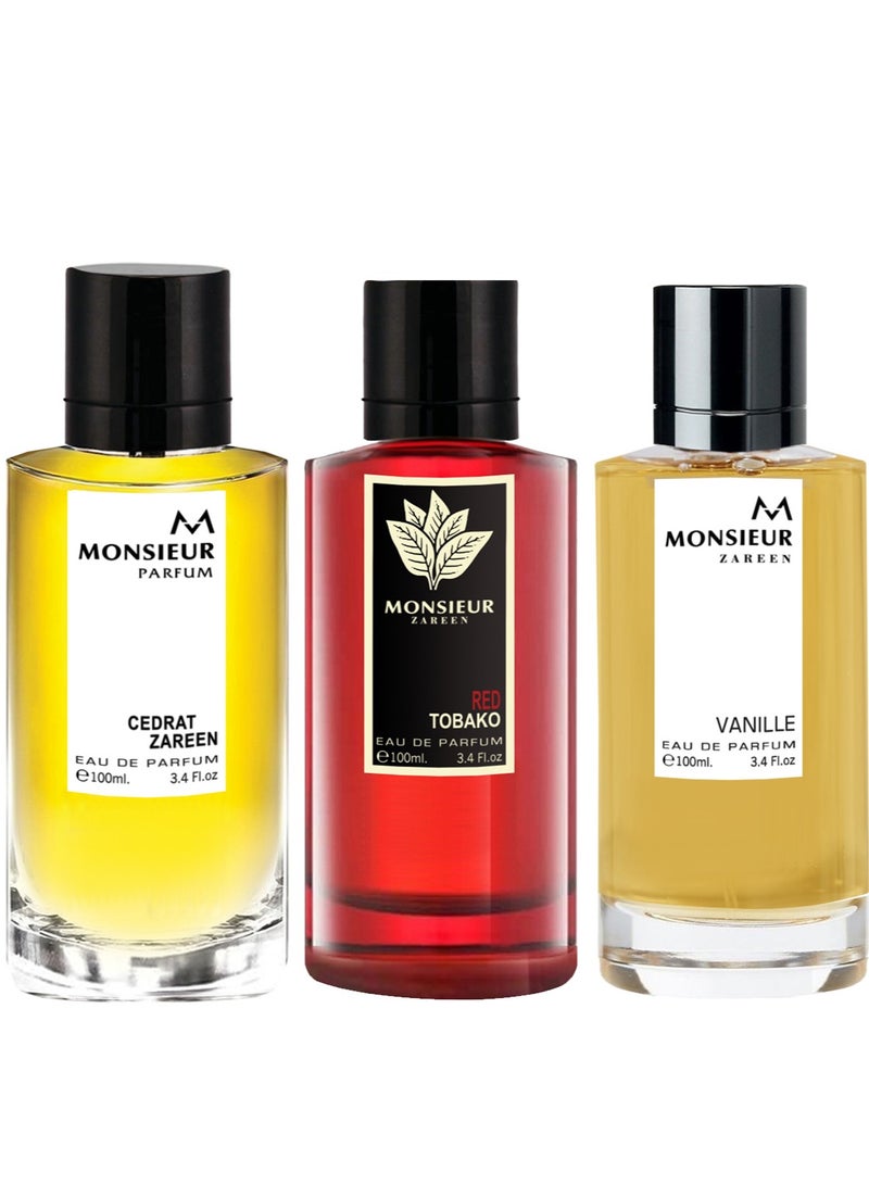 زارين مجموعة 3 عطور تتكون من رد توباكو للجنسين و فانيلا نسائي و سيدرات زارين 100 مل - Image 1