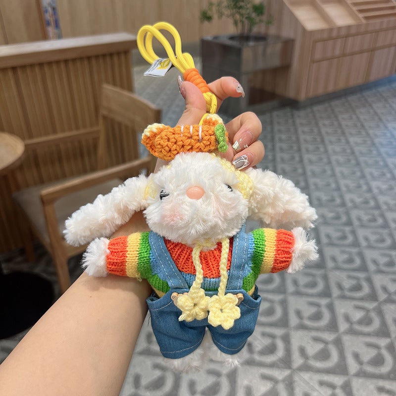 Super Cute Cute Hat Plush Rabbit Keychain Girl Heart Cartoon Bib Doll Car Bag Decorative Pendant Rainbow sweater overalls